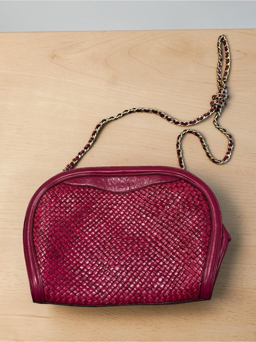 Vintage Rare Susan Gail Pink Hand Woven Leather Purse Gold Chain Made In Italy